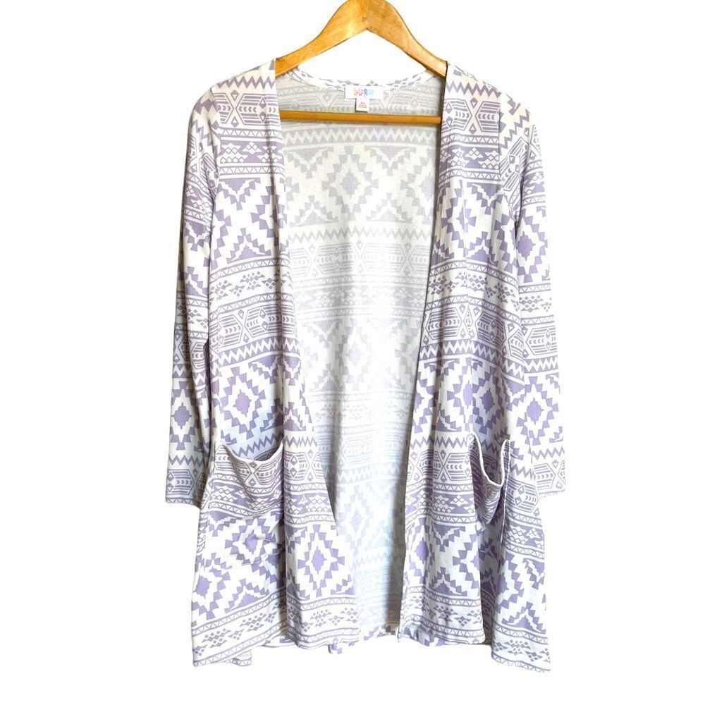 LuLaRoe Lavender and White Tribal Caroline Cardigan Size XS NWT